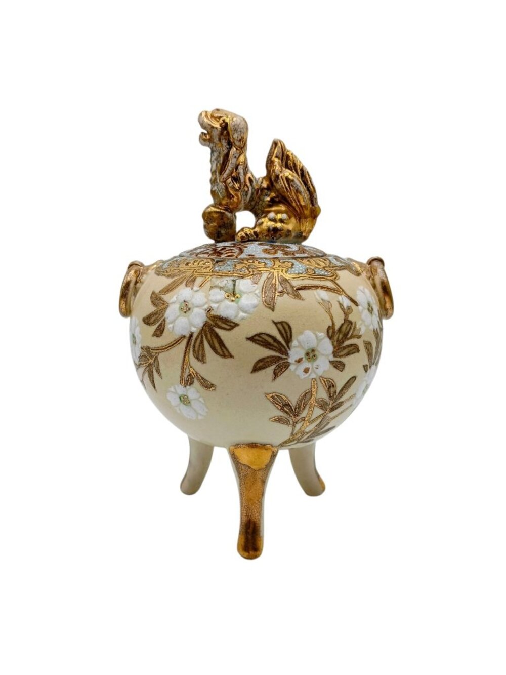 Antique Japanese Meiji Satsuma Covered Censer Bowl Dragon Finial Tripod Feet